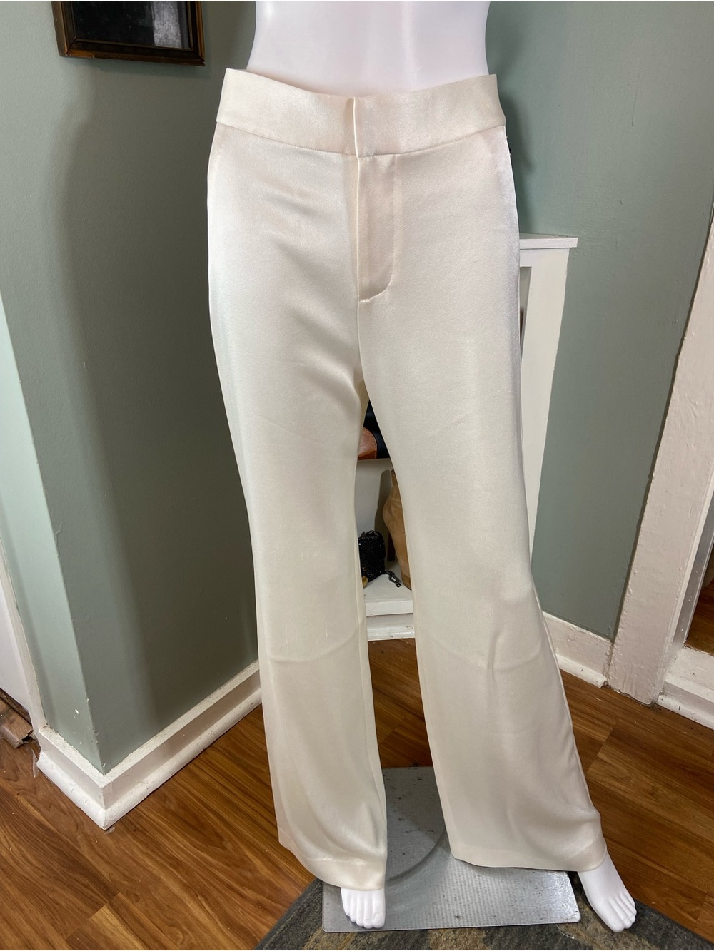 Alice + Olivia Ivory Cream White Satin Wide-Leg Trousers Pants High Waist 6 [TE]